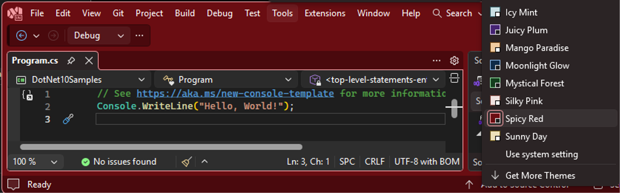 Screenshot of the new ‘Spicy Red’ theme in Visual Studio