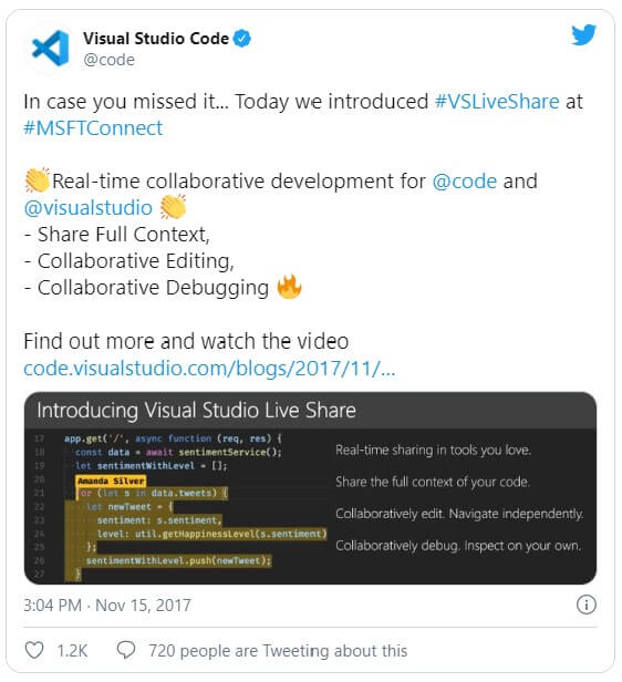 Visual Studio Code Twitter post